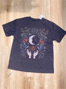 Kohl's Black Short-Sleeve Tee with Moon, Floral & Hand Graphic